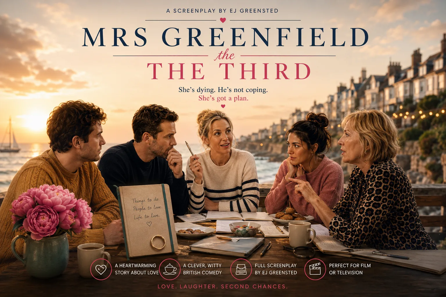 Mrs Greenfield the Third: key art for the screenplay adaptation, an ensemble cast around a kitchen table by the sea